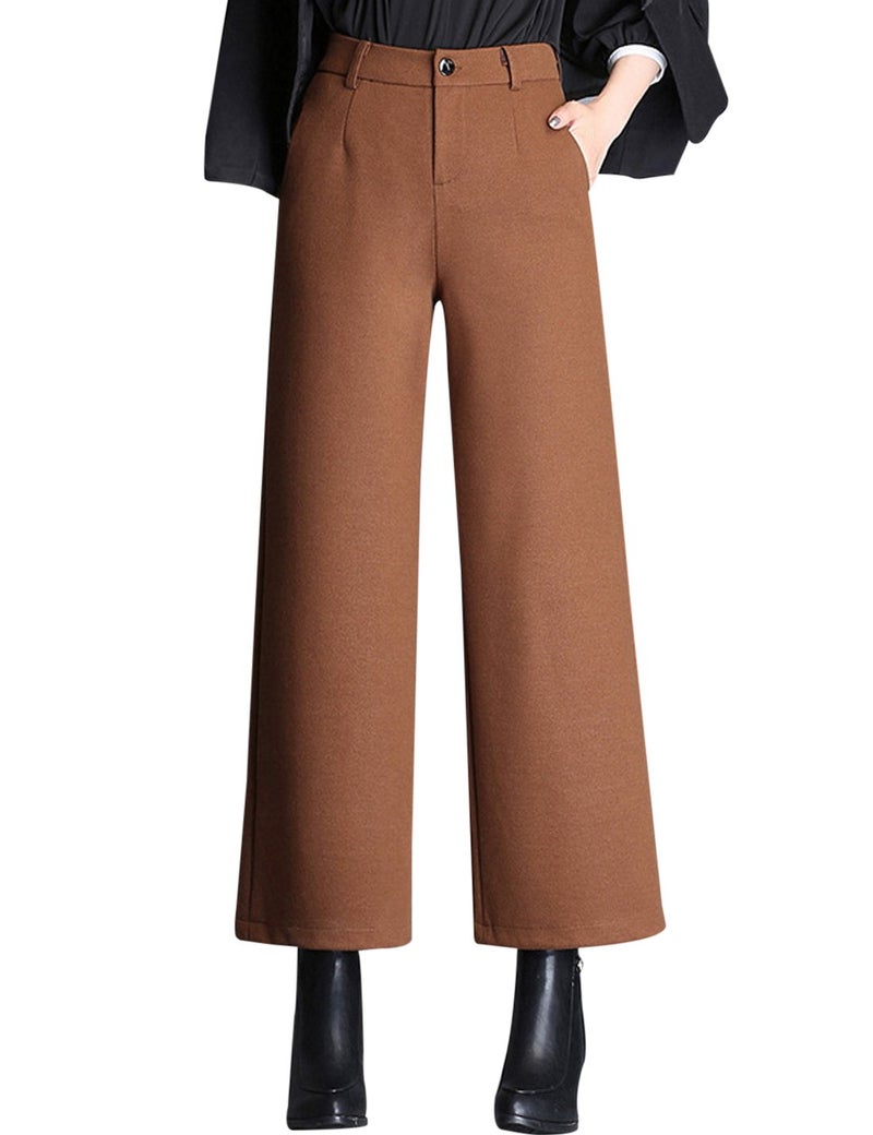 Tanming Women's Casual High Waist Trousers Wool Blend Cropped Wide Leg Pants (Large, Brown) - Image 2